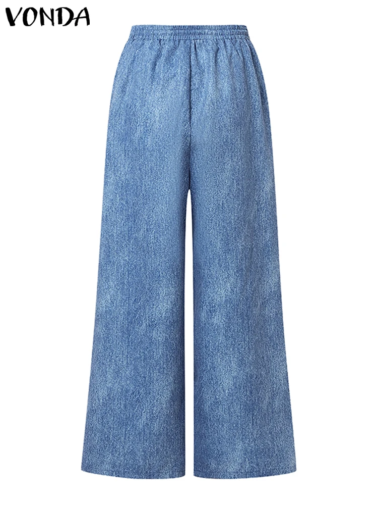Plus Size 5XL VONDASummer Pants Women Elegant Patchwork Trouser 2025 Elastic Waist Casual Long Wide Leg Pants Bottoms Femme
