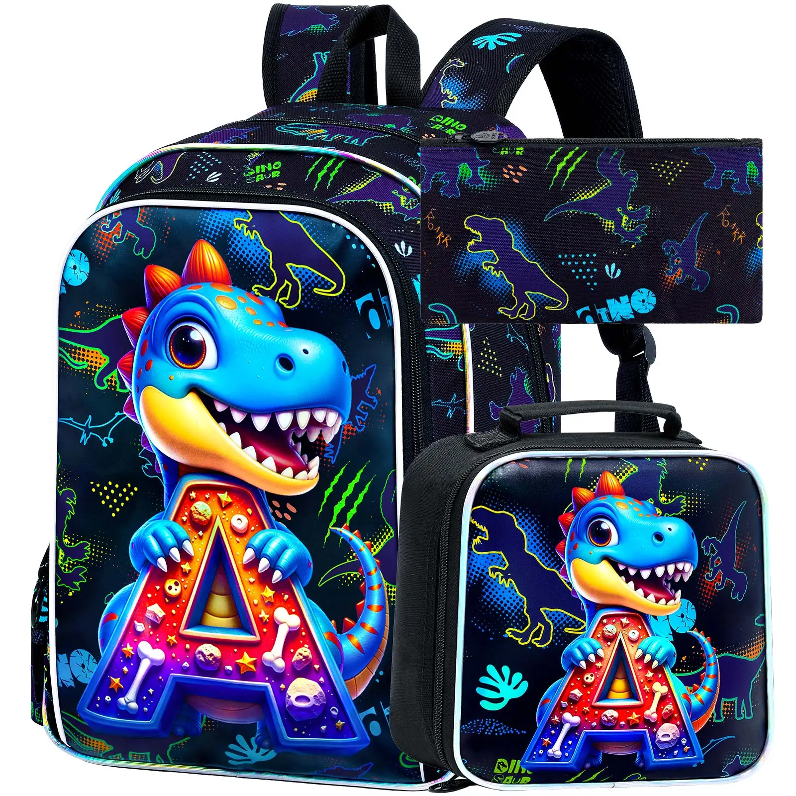 

3PCS Kids Dinosaur Backpack for Boys, 16" Kids Bookbag with Lunch Box, Water Resistant School Bag for Elementary Prechool Toddle