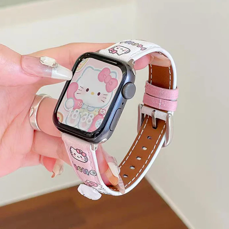 Correa Kawaii de Hello Kitty para Apple Watch, accesorios de muñeca de Anime Sanrio, color rosa y blanco para mujer