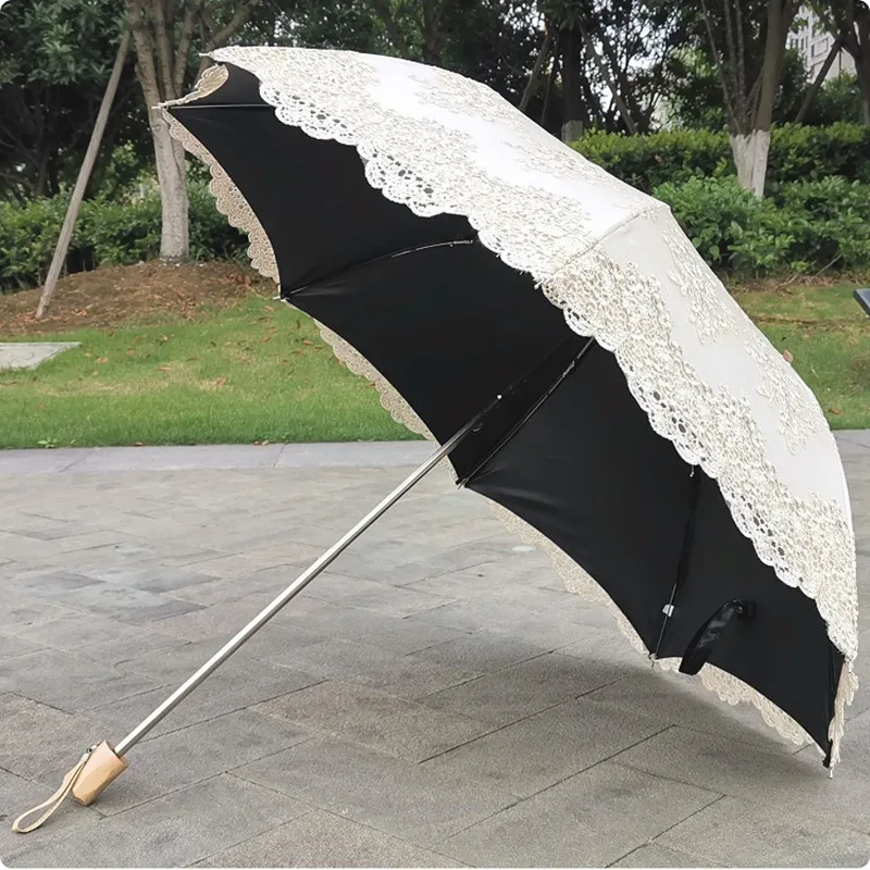 Beige Lace Embroidery Umbrella for Women, Retro, Classic, Black Coating, Dual Folding, UV Protection, Sun Umbrella