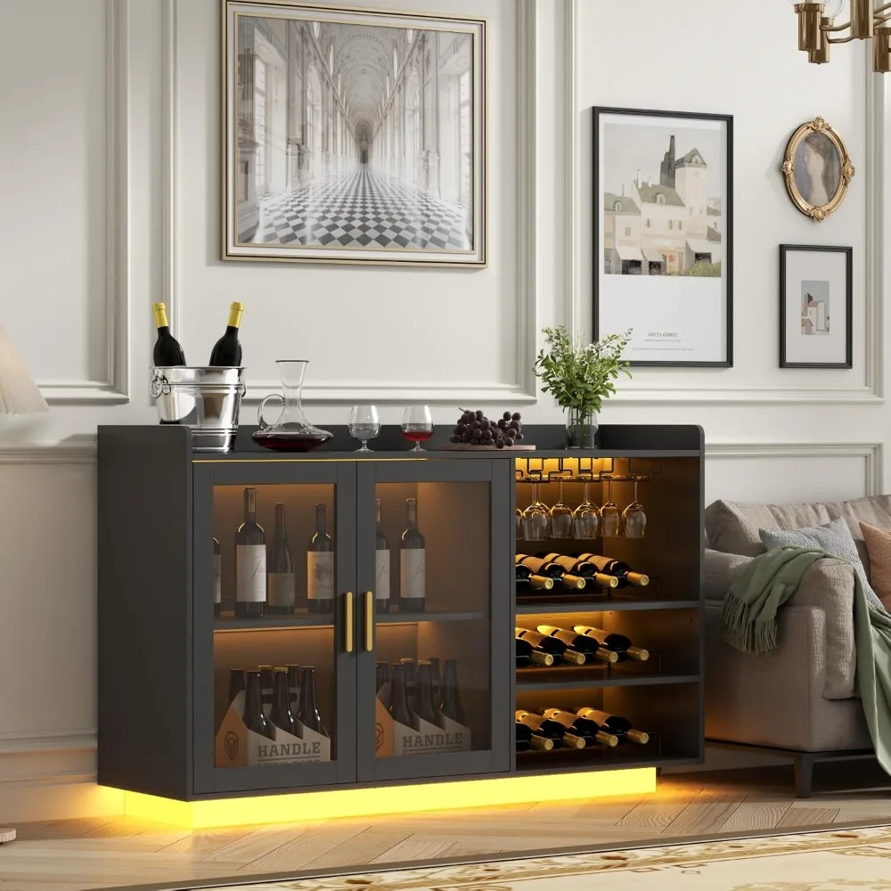 Wine Bar Cabinet with LED Lights, Floating Coffee Bar with Glass Rack and Removable Wine Racks, Modern Buffet Sideboard w