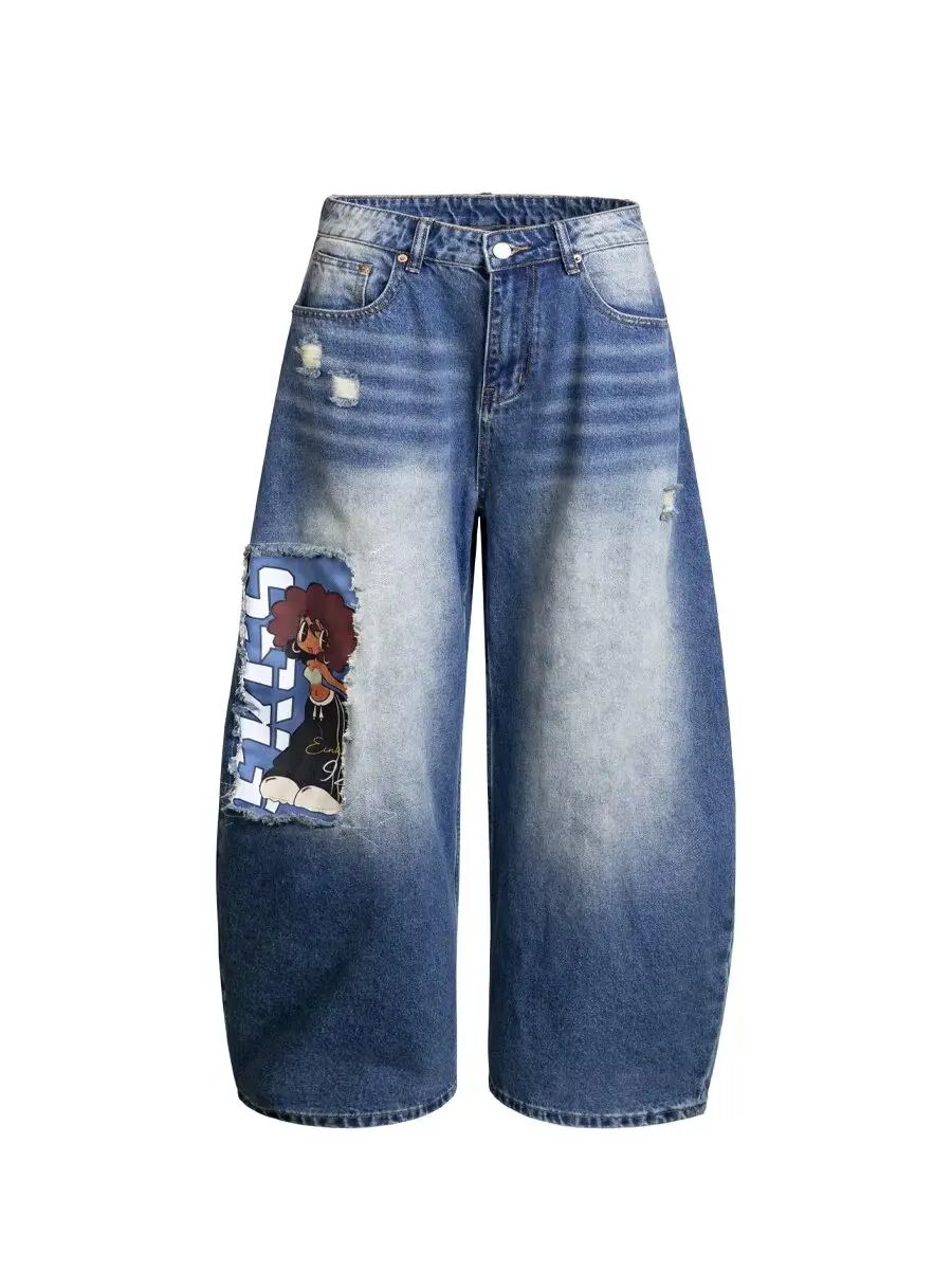 Korean Style Kawaii Cartoon Patch Washed Baggy Women's High-Waisted Jeans Y2K Harajuku Hip Hop Goth Casual Baggy Trousers 2025