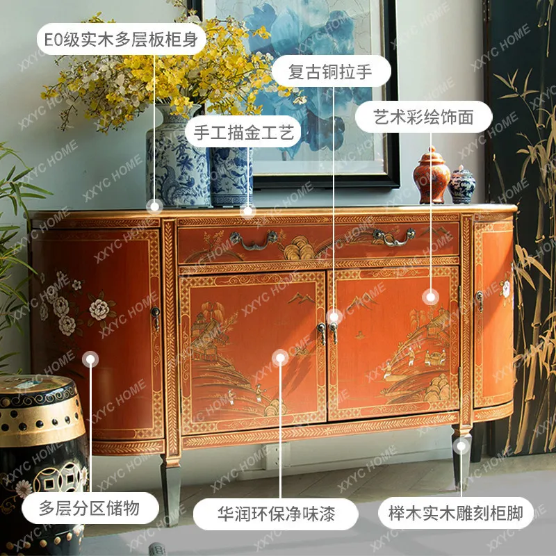 New Chinese solid wood painted dining side cabinet, living room floor storage locker, new classical hand-painted entrance cabine