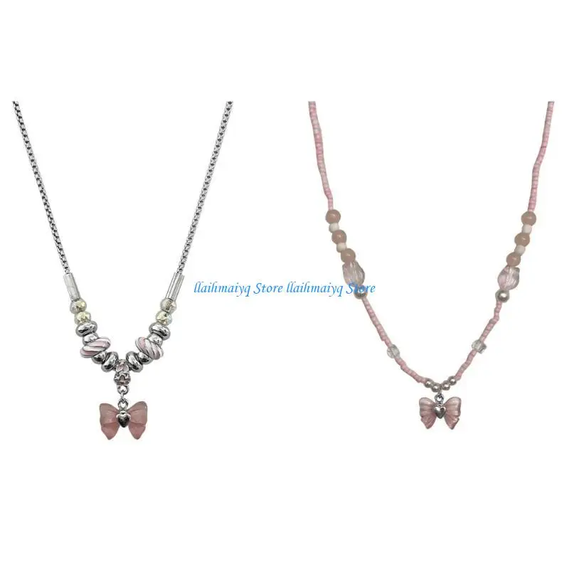 573B Gargantilla con colgante lazo único, cadena clavicular elegante, joyería con cuentas rosas para cuello