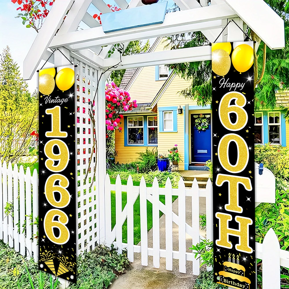 Schwarz-Gold Retro 60. Geburtstag Türschild-Set, Vintage 1966 Themenbanner „Prost auf 60 Jahre“ für die Veranda mit Ballon- und Kuchenmotiven – Detail 3