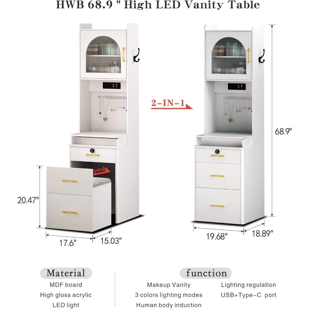 Vanity Desk with Mirror and Lights & Drawers Charging Station & Human Motion Sensing Makeup Vanity Table