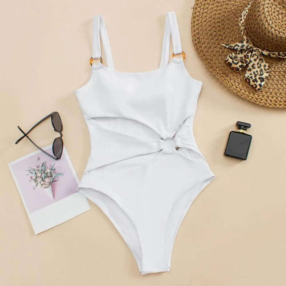 Conjunto de Bikini Sexy de una pieza para mujer, traje de baño de Color sólido con tirantes huecos, traje de baño sin espalda a la moda, conjunto de Bikini de cintura baja