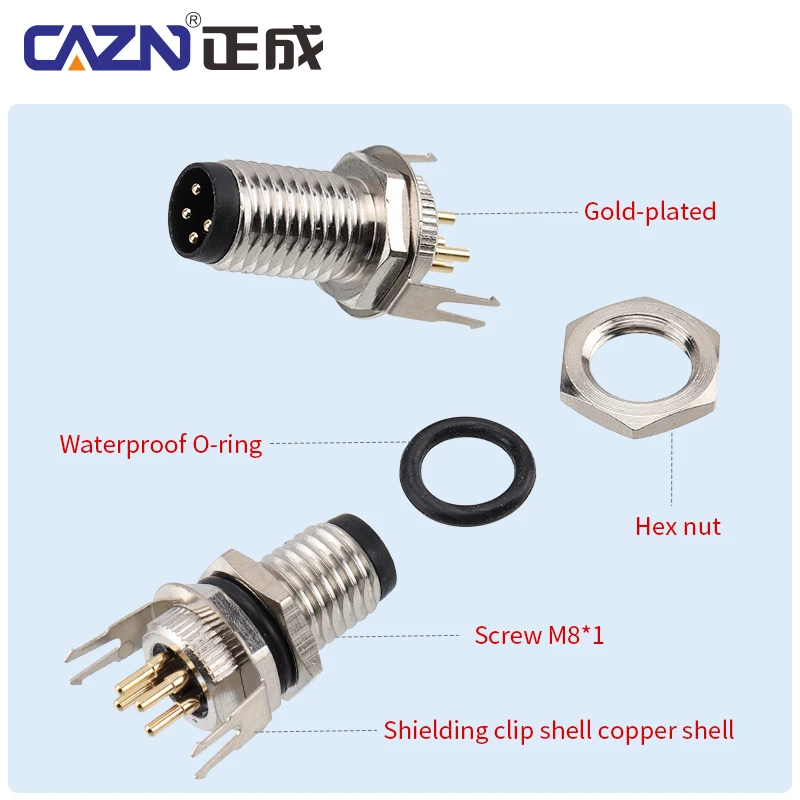 Hot Sale M8 PCB Panel Back Mount Socket 3 4 5 6 8 Pins Waterproof IP67 Curved Grounded-type Connectors