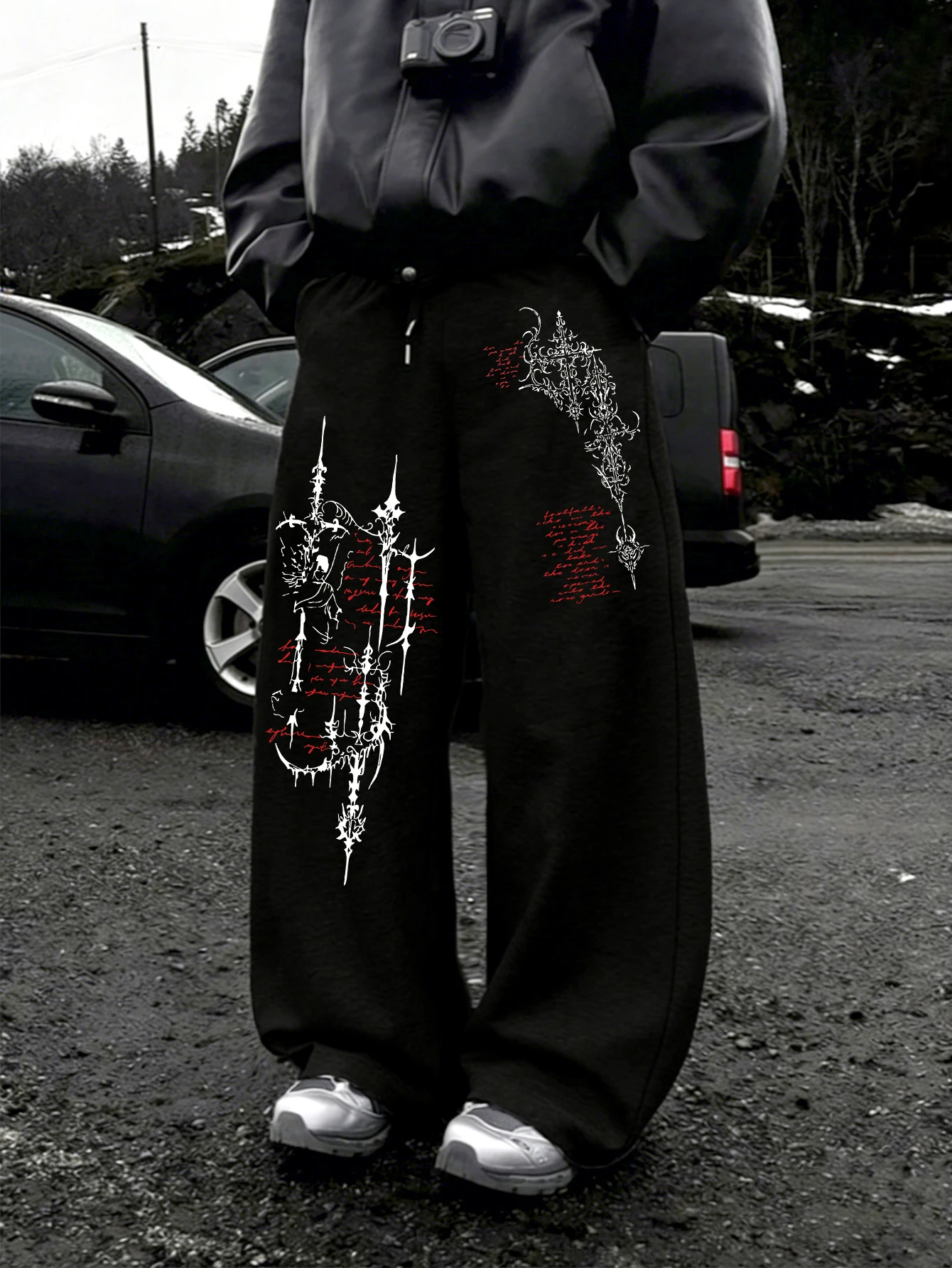 Men Gothic Wide Leg Jogger Pants, Dual-Leg Asymmetric White Red Ornate Cross & Handwritten Script PrintDrawstringBaggyStreetwear