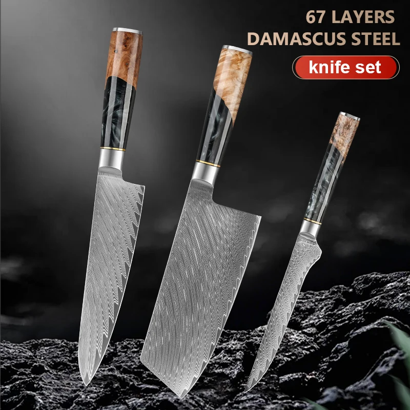 

1-3PC set Damascus Kitchen Chef Knife ,Cleaver knife, Boning knife, Cooking Tools Colored Wooden Handle