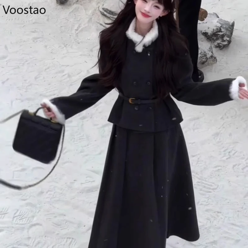 

Осенне-зимний корейский элегантный комплект из 2 предметов, женское пальто с воротником из искусственного меха, плиссированная юбка с высокой талией, костюм, женская повседневная одежда