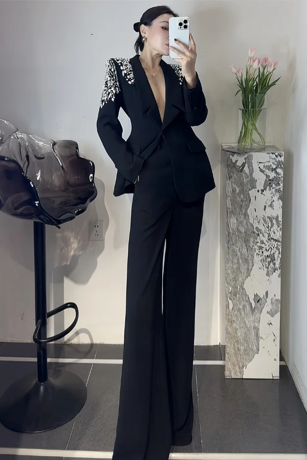 

Insozkdg Black Suit Pants Set Fashionable High-end Slimming V-neck Blazers Casual Suit Jacket Formal Two Piece Set Women Outfits