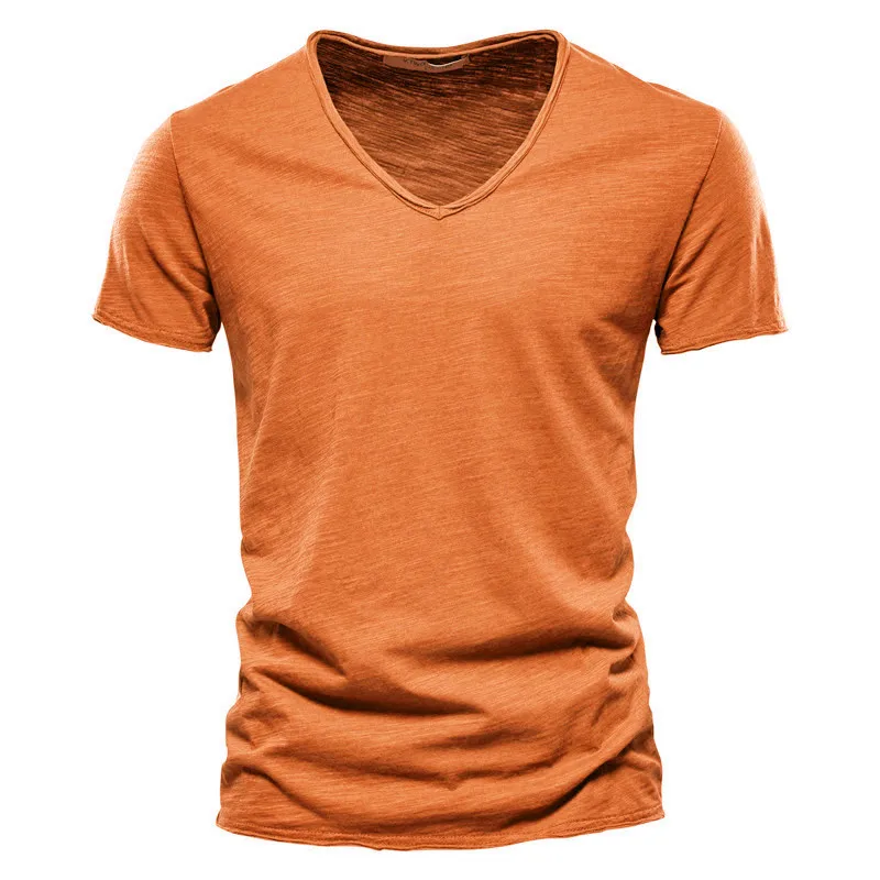 Summer 100% Cotton Men T-shirt V-Neck Short Sleeve Soild Slim Fit T-shirts Male Tops Tees Homme Quality TShirt For Men 5XL