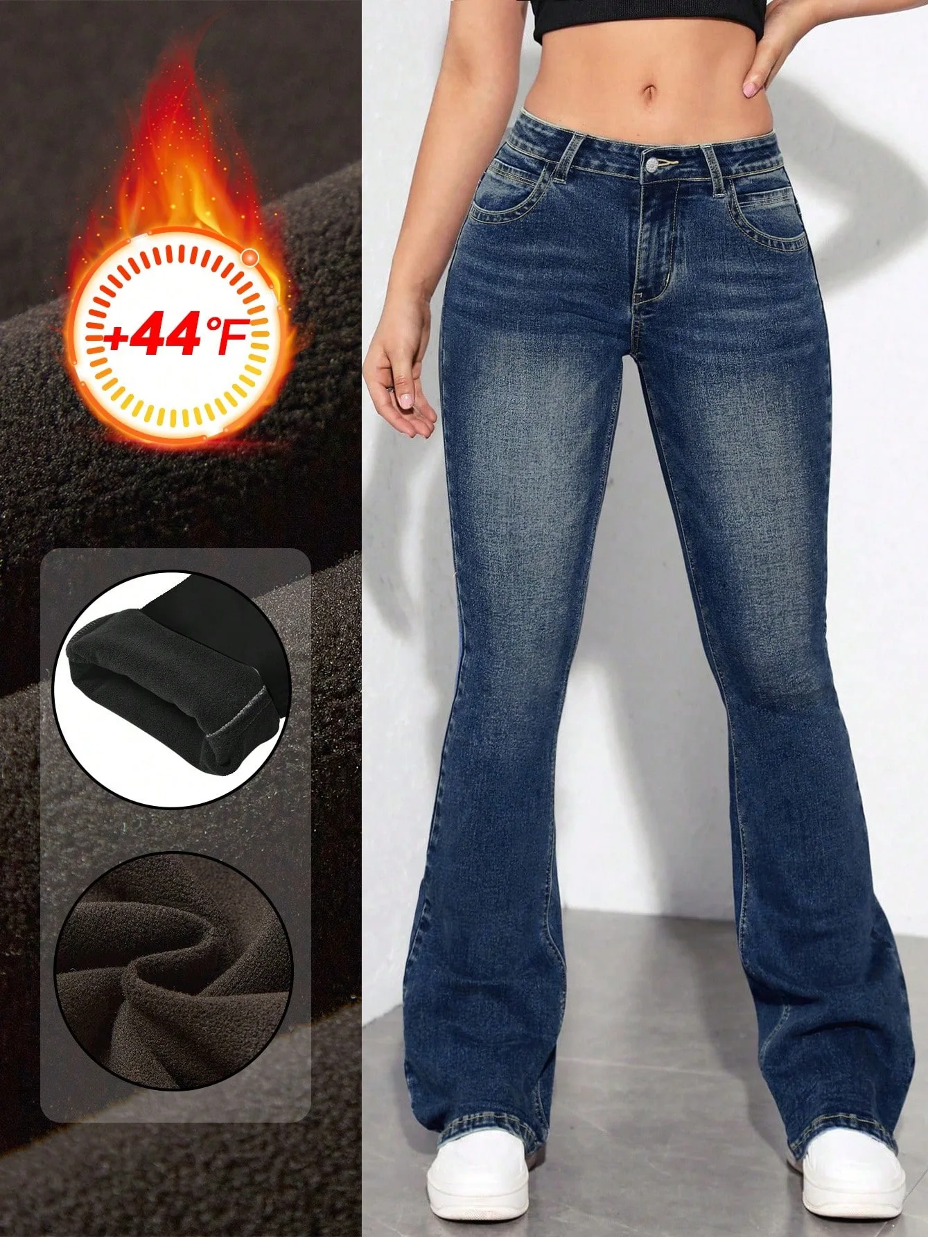 

Женские расклешенные джинсы с низкой посадкой, эластичные брюки Bootcut на флисовой подкладке для зимы, удобные повседневные брюки темно-синего цвета