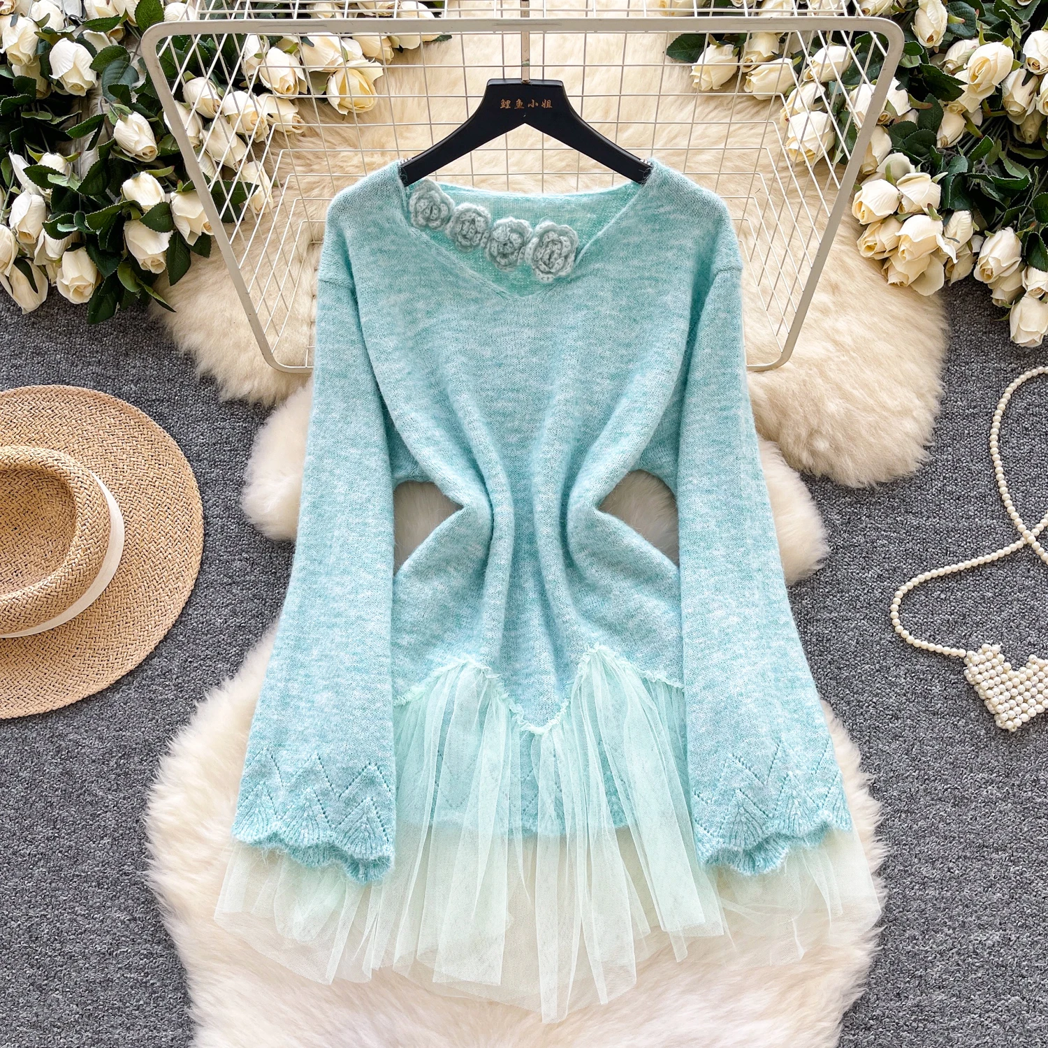 

Vintage Elegant chic long sleeve Three-dimensional Knit Blouse Fashion Shirt Casual Fairy Women Shirt