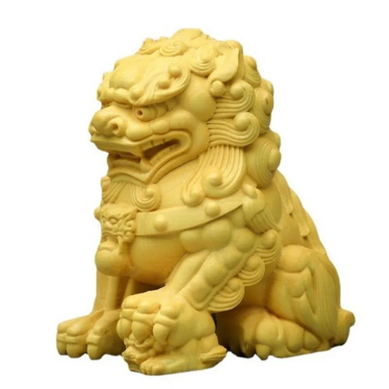China Boxwood Carved Animal Fengshui Beast Foo Fu Dog Lion Statue Pair Home Desk Statue Decor Collection Crafts Friend Gifts﻿ view 3