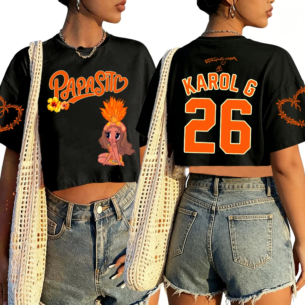 Karol G Tropicoqueta Shirt Women O-Neck Short Sleeves Crop Tops T-shirt
