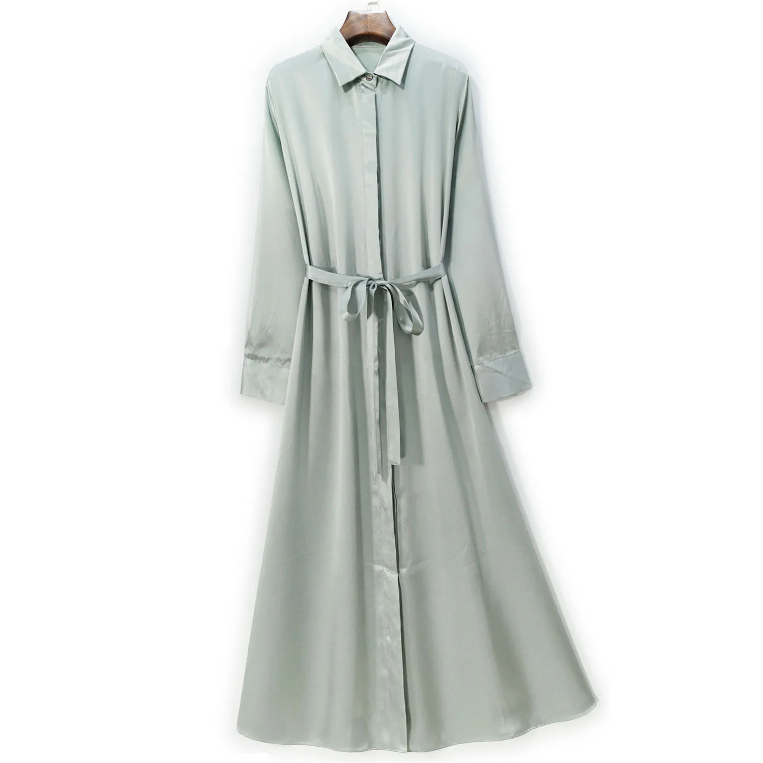 Robe en satin uni à manches longues pour femmes, tempérament, à la mode, simple boutonnage, bleu d'eau, rap100%, mûrier naturel, inj