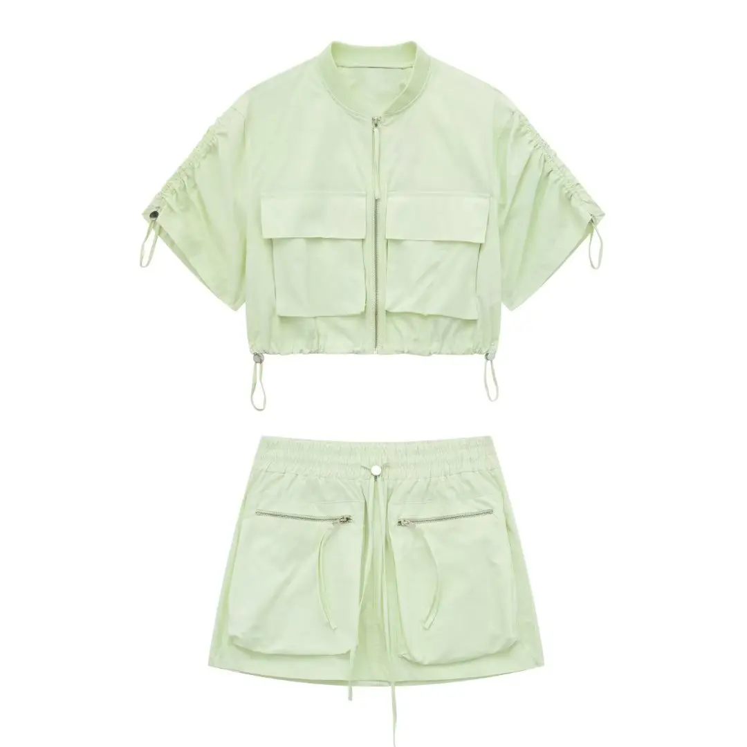  Chaqueta Corta para Mujer, Estilo Informal con Bolsillos Decorativos, Falda de Cintura Alta Estilo A-Line, Colección Ver...