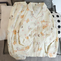 Women's Pajamas Set Autumn Sweet Cute Bear Pattern Long Sleeve Sleepwear Faux Cotton Leisure Home Clothes Nightwear Pant Outfits