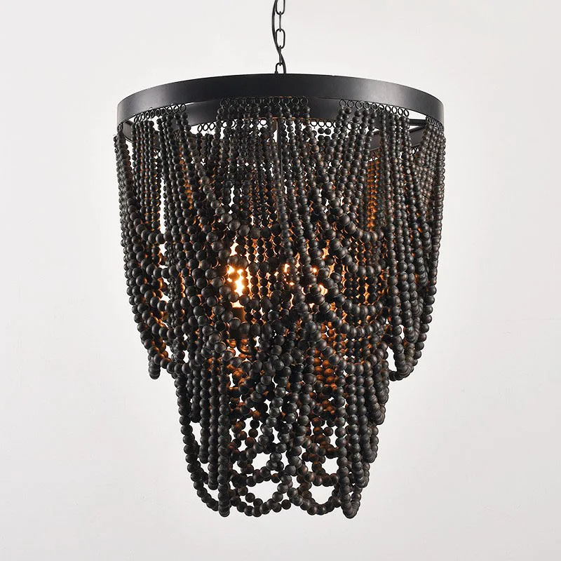 Gold Chandelier Wooden Beaded Lighting Fixture Fringe Hanging Light Kitchen Baby Kids Room Foyer Bedroom Dining Room Wood Lamp