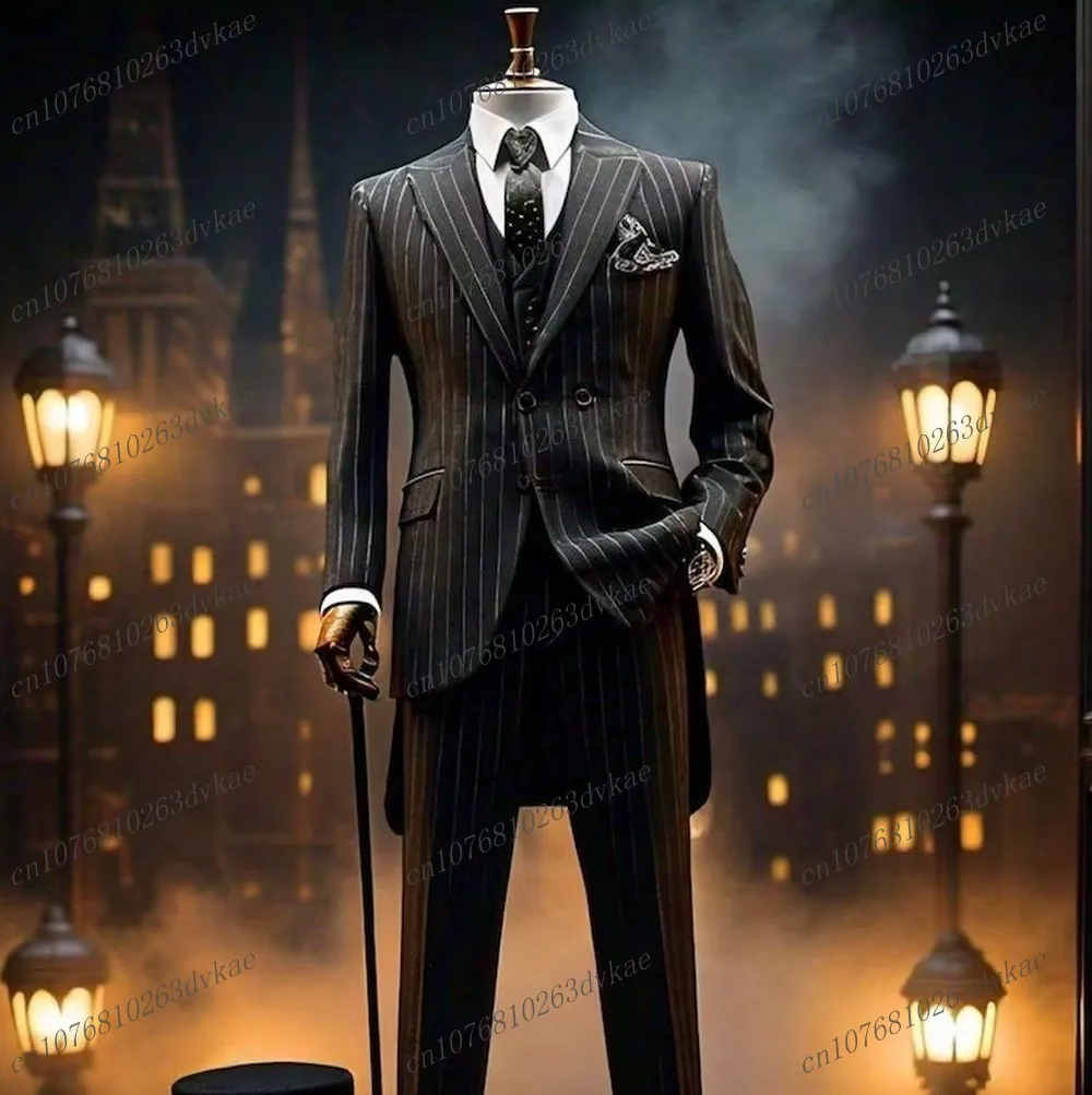 

Black Elastic Stripe Men Business Suit Groom Groomsman Wedding Party Formal Prom Male Tuxedos 3 Piece Set Blazer Vest Pants