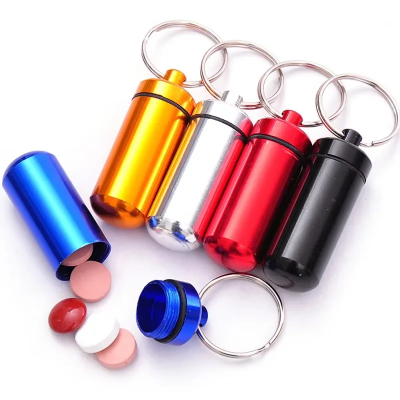 2 Pcs Outdoor Pills Organizer Aluminum Alloy Keychain Mini Medicine Jar First Aid Pills Bottle Fashion Key Chains Random Color