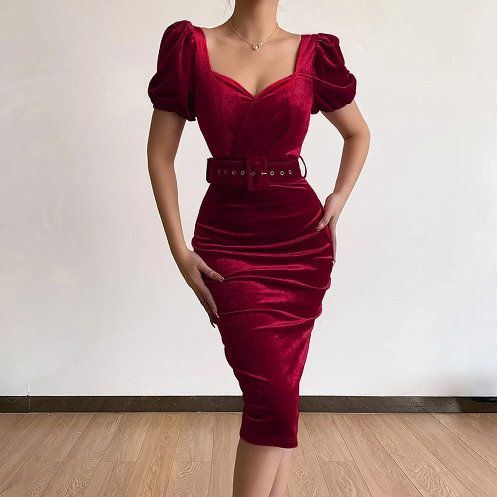 Spring New Solid Color Tunic Waist Show Chest Sexy Low Neck Bubble Sleeves Velvet Wrapped Hip Dress High Waist Party Dress Robe