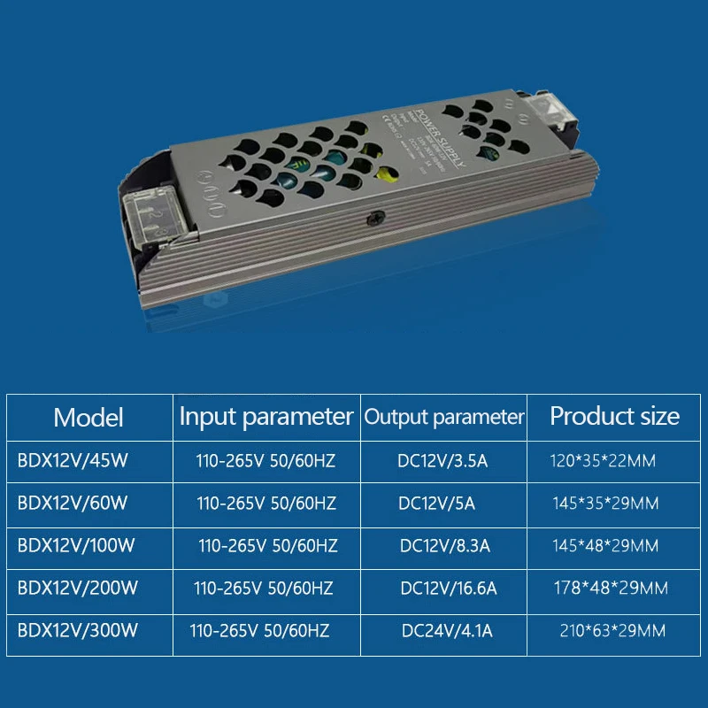 Ultracienki zasilacz AC 110V-265V do DC 12V 24V do taśm LED Transformatory oświetleniowe 12 24V Volt 60W 100W 200W 300W