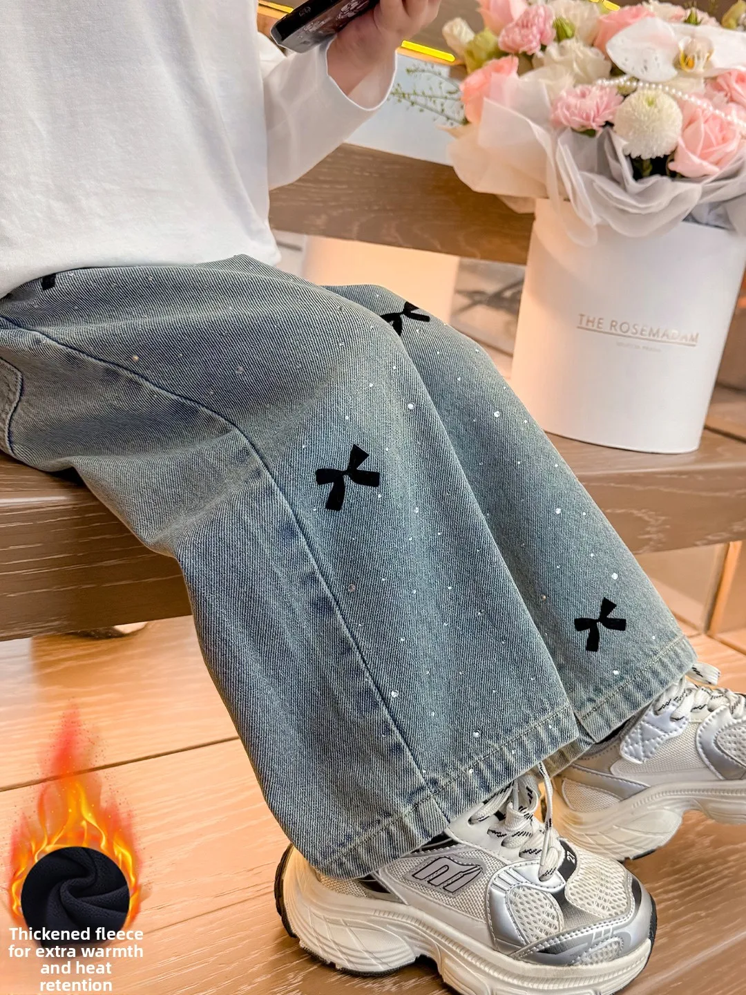 Girls Fleece Lined Denim Pants with Shiny Bow Tie Casual High Waist Straight Leg Trousers for Kids under 17 Years Old