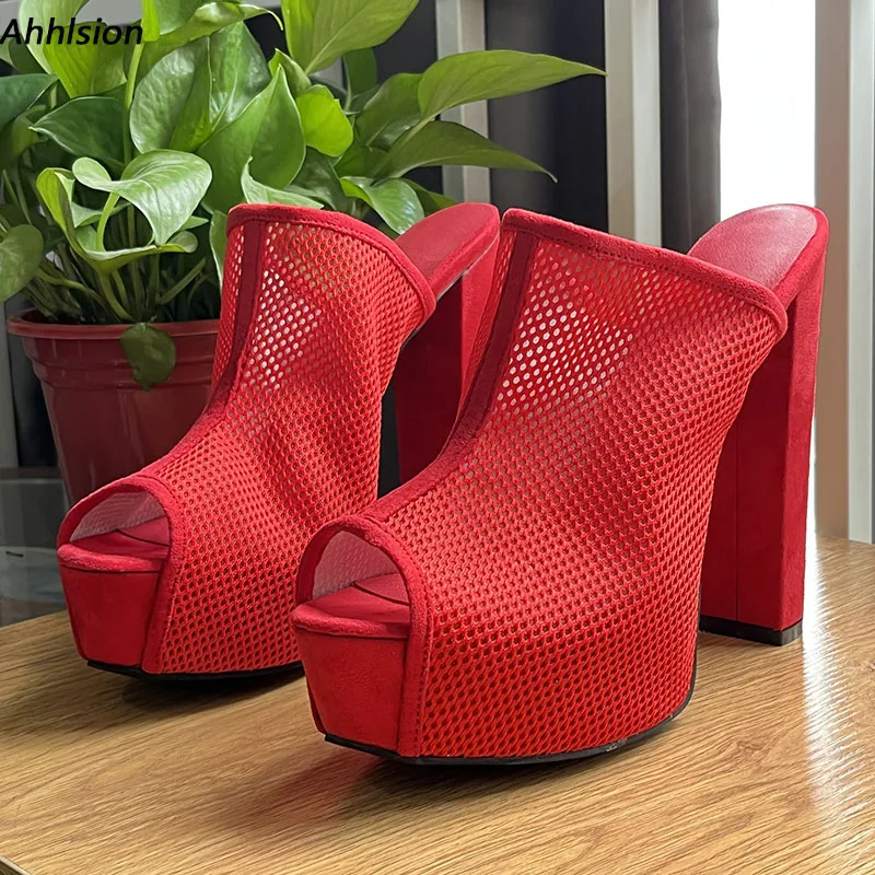 

Ahhlsion Новые женские босоножки на платформе с сетчатым узором на массивном каблуке с открытым носком, красные, черные туфли для вечеринок, женские большие размеры США 5-20