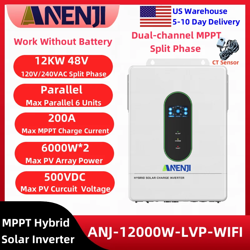 

Гибридный солнечный инвертор ANENJI 12 кВт 110В/120В с параллельным подключением, двойным MPPT и встроенным MPPT контроллером заряда 200А с датчиком CT