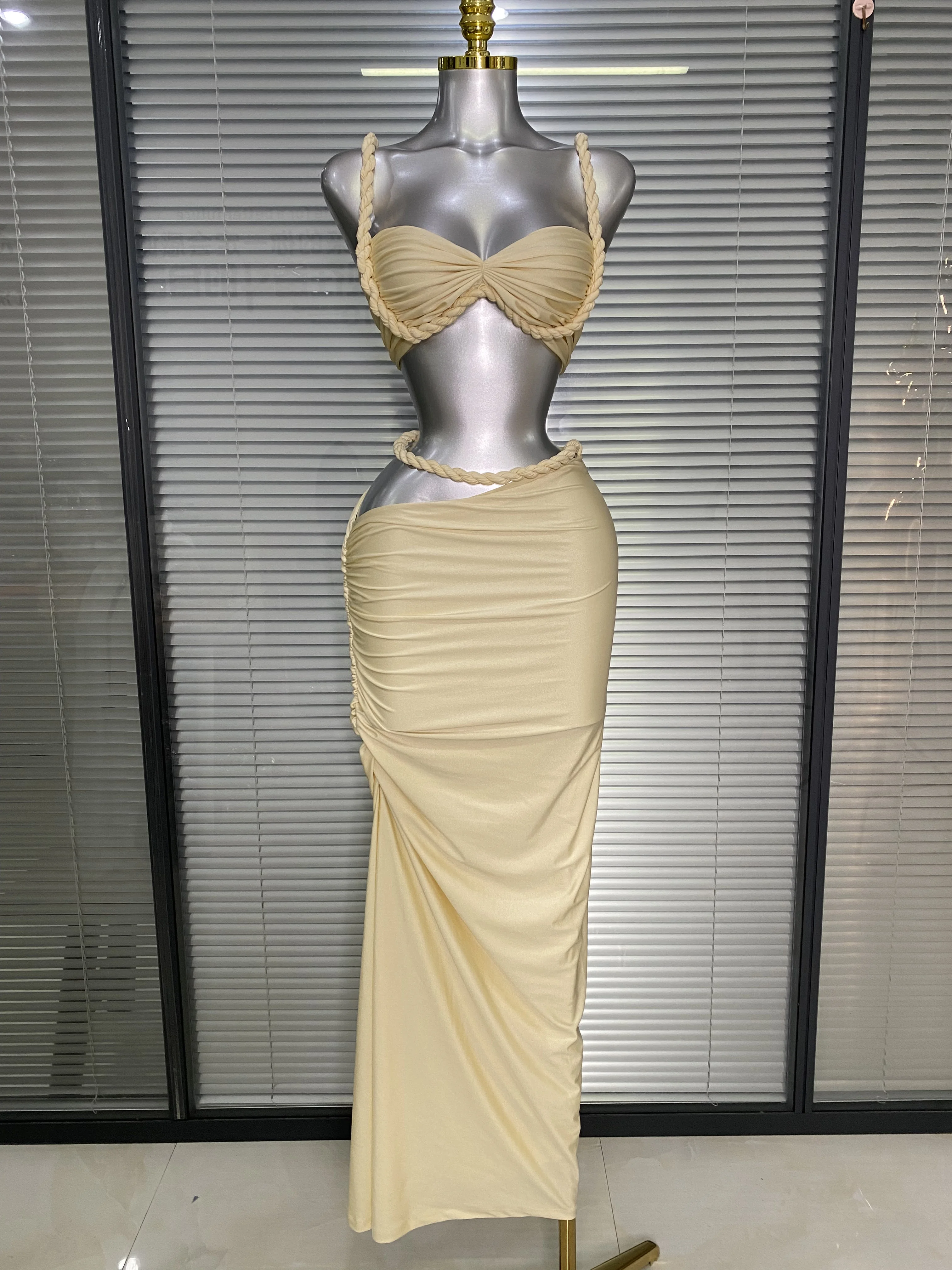 Women Sexy Strapless Stretchy Solid Color Elegant Two Pieces Luxury Set Birthday Dress Party Nightclub Performance Costume