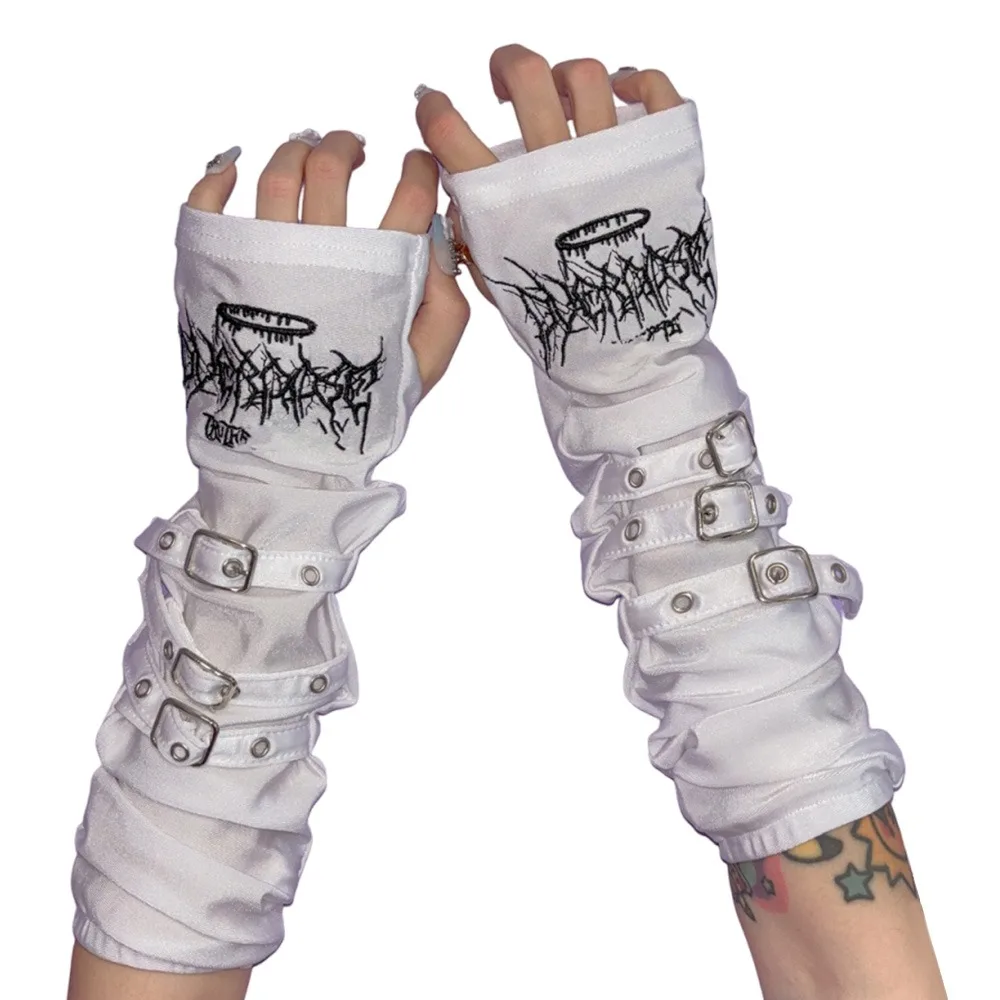 

Creative Metal Buckle Arm Sleeves Y2K Dark Punk Half Finger Sleeves Embroidery Japanese Sunscreen Gloves Women