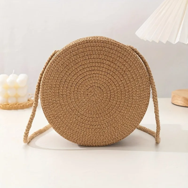 Elegant Round Straw Crossbody Bags with Bow Decoration Bohemian Chic Style Breathable Woven Design Beach Vacation Accessory