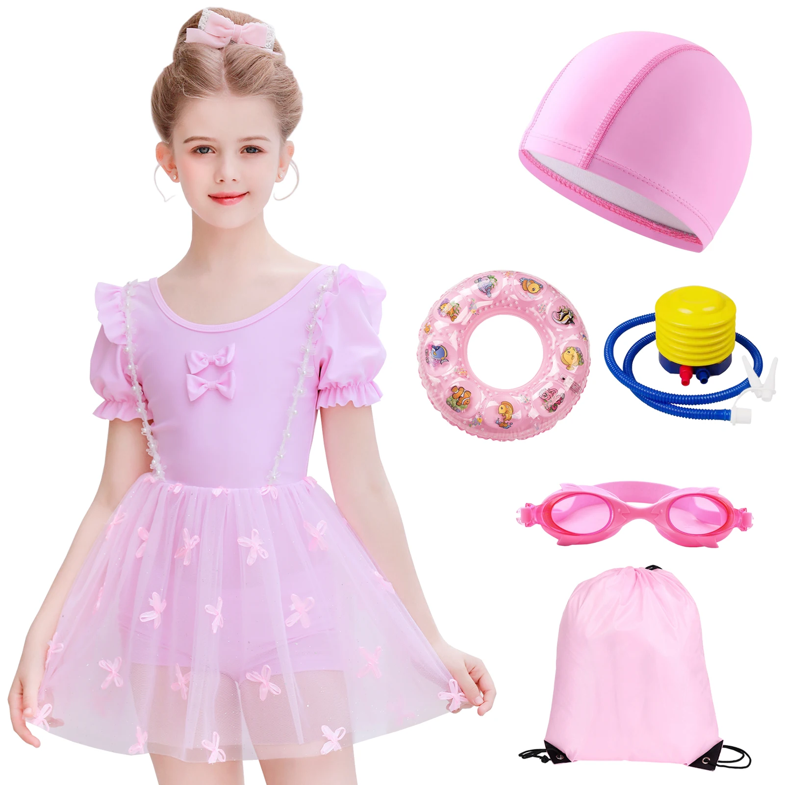 

6pcs/Set Girls Swimsuits Short Sleeve Bow One-Piece Swimming Dress Hat Goggles Buoyancy Circle Air Pump Mesh Kids Swim Wear Kit