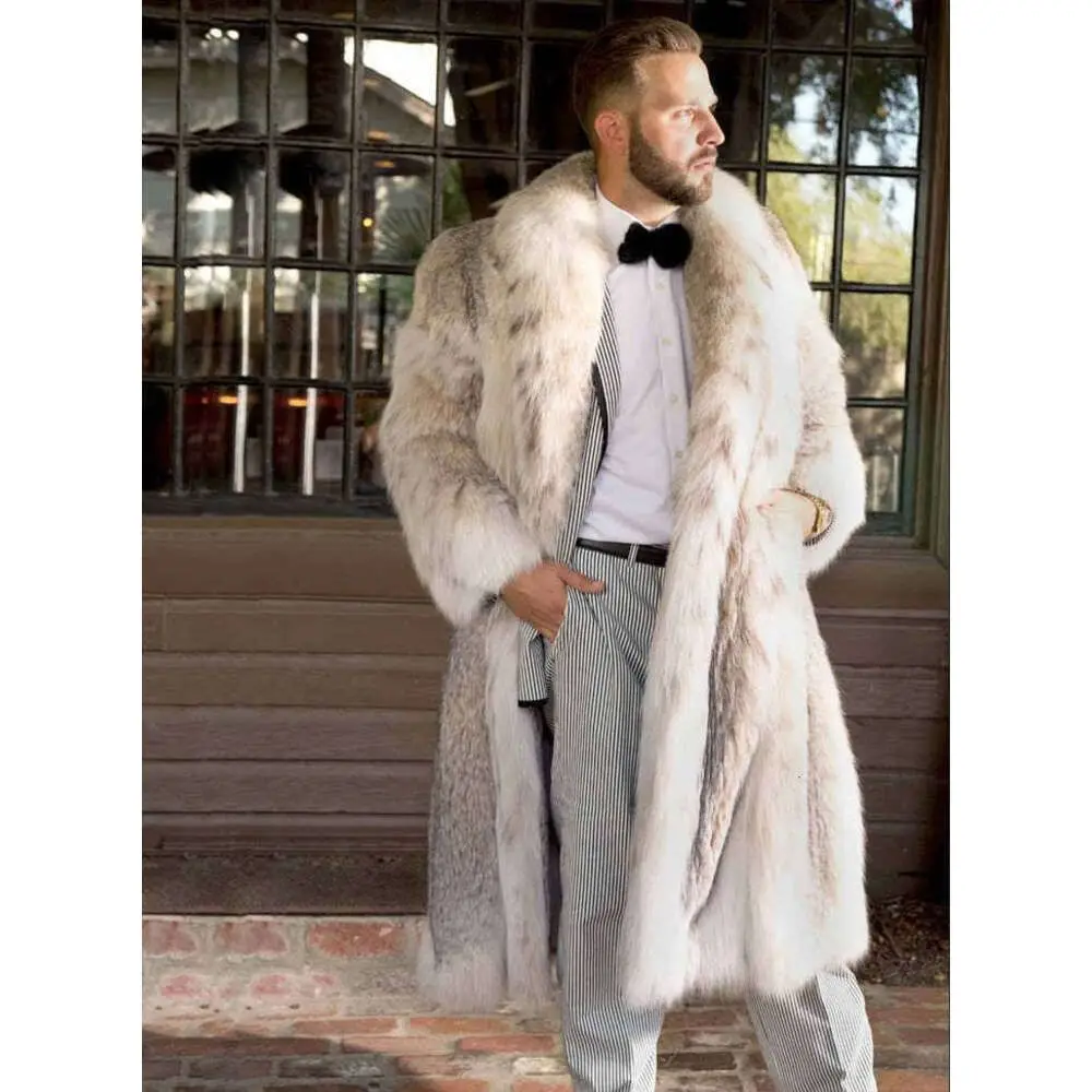 New Men\'s Faux Long Bobcat Leopard Print Comfortable Thick Warm High Quality Faux Fur Coat