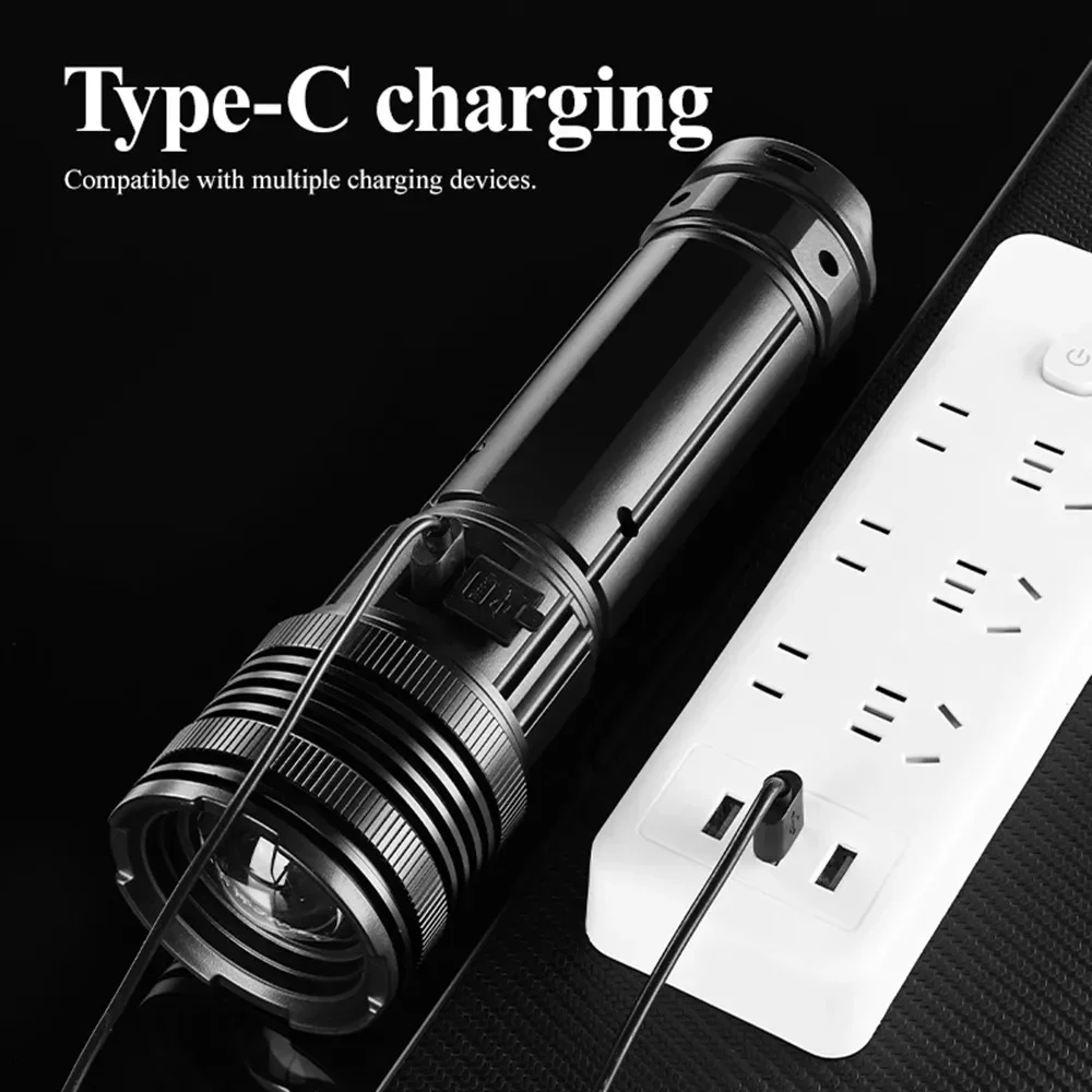 10000W Powerful Spotlight  LED Flashlight with COB Side Light Type-C Charging Lantern Tactical Torch for Fishing Camping Lamp