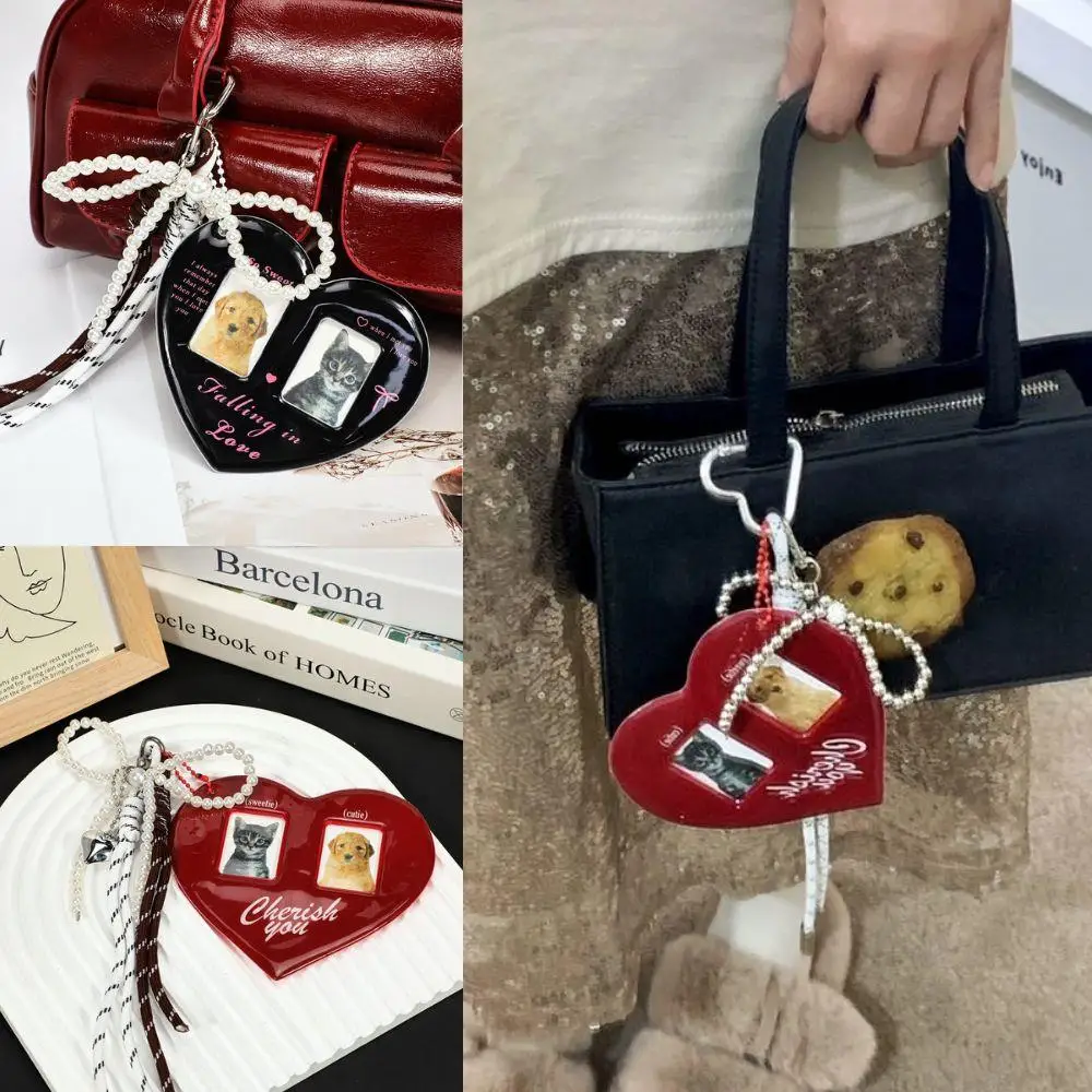 Hot Korean Fashion Red Heart Photo Album Vintage Bag Charms 2inch Card ID Photo Keychains PVC Card Set Bags Pendant Keychain Y2K