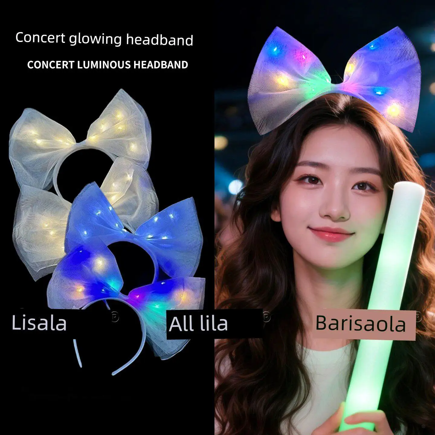 

Светящаяся повязка для волос с огромным бантом – незаменимый аксессуар для концертов и музыкальных фестивалей, создающий праздничную атмосферу и идеальную фотосессию