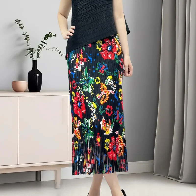 Bedrukte halterrok Rok 2025, zomer nieuwe Miyake mode opvouwbare tweedelige set dames mouwloze effen top elastische taille