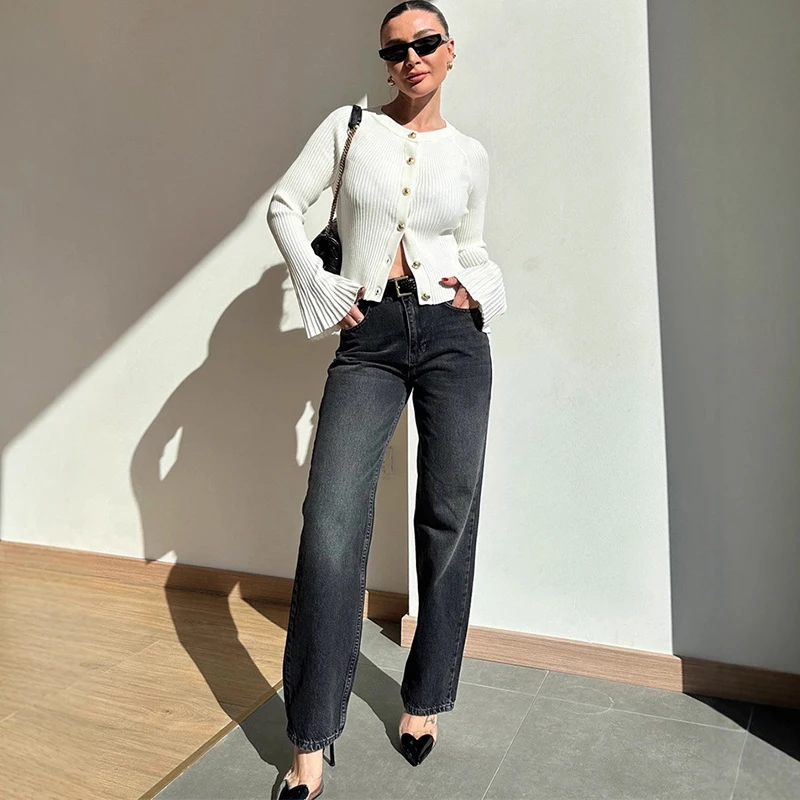 Ticketsx Dzianinowy Top w Paski Pit Stripe Damski Jednolity Dekolt O Rozszerzane Długi Rękaw Jednorzędowy Kardigan Damski Codzienny Wakacyjny Elastyczny Top