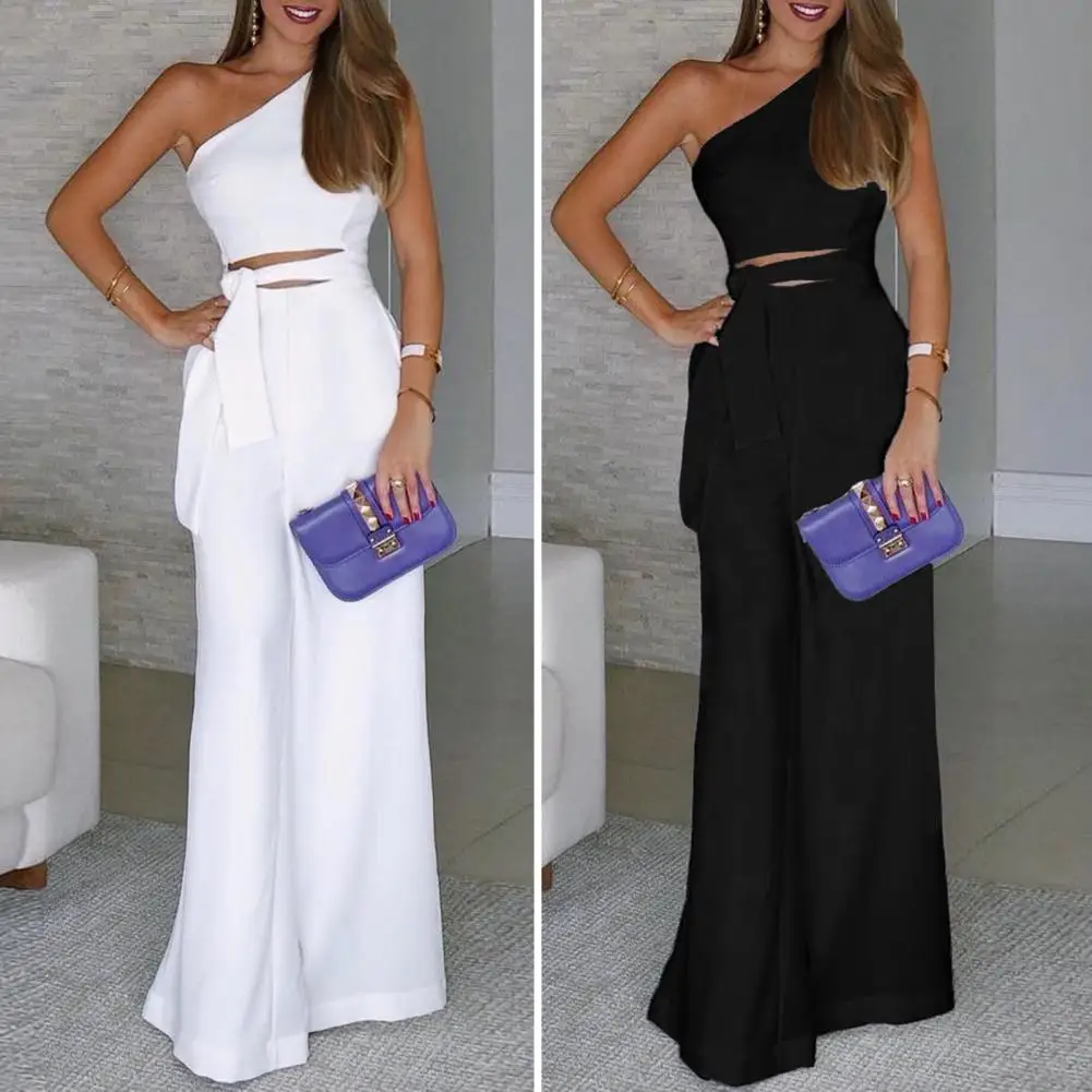 

Women Jumpsuit Elegant One Shoulder Lace-up Jumpsuit for Women Solid Color Wide Leg Ol Commute Style High Waist Hollow Out Lady