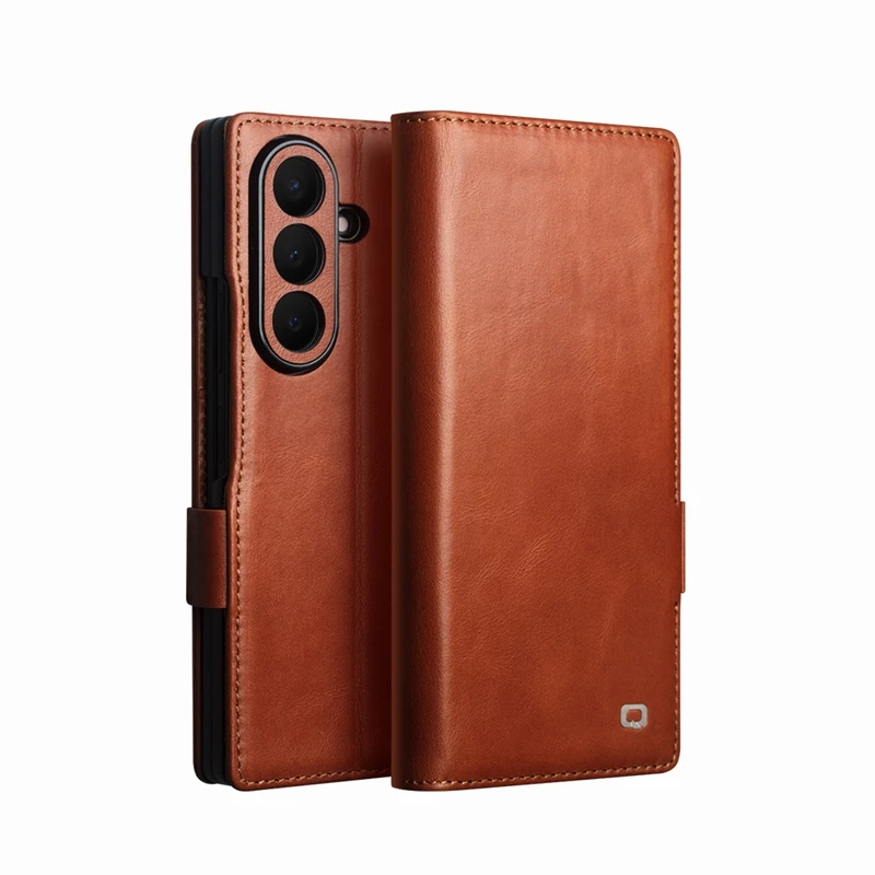 QIALINO Oil Wax Genuine Leather Flip Case or Samsung Galaxy Z Fold8 Fold 8 Ultra Cowhide With Card Slot Wallet Stand Phone Cover