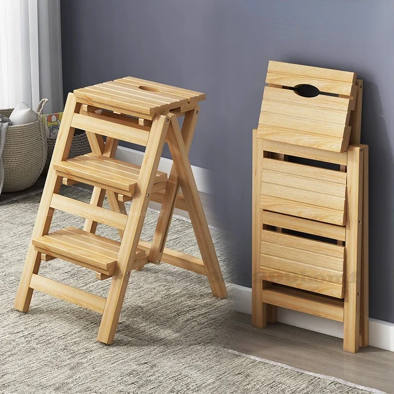 Home Solid Wood Multifunctional Two-step Folding Ladder Step Stool Indoor Climbing Ladder Dual-use 2/3   Ladder