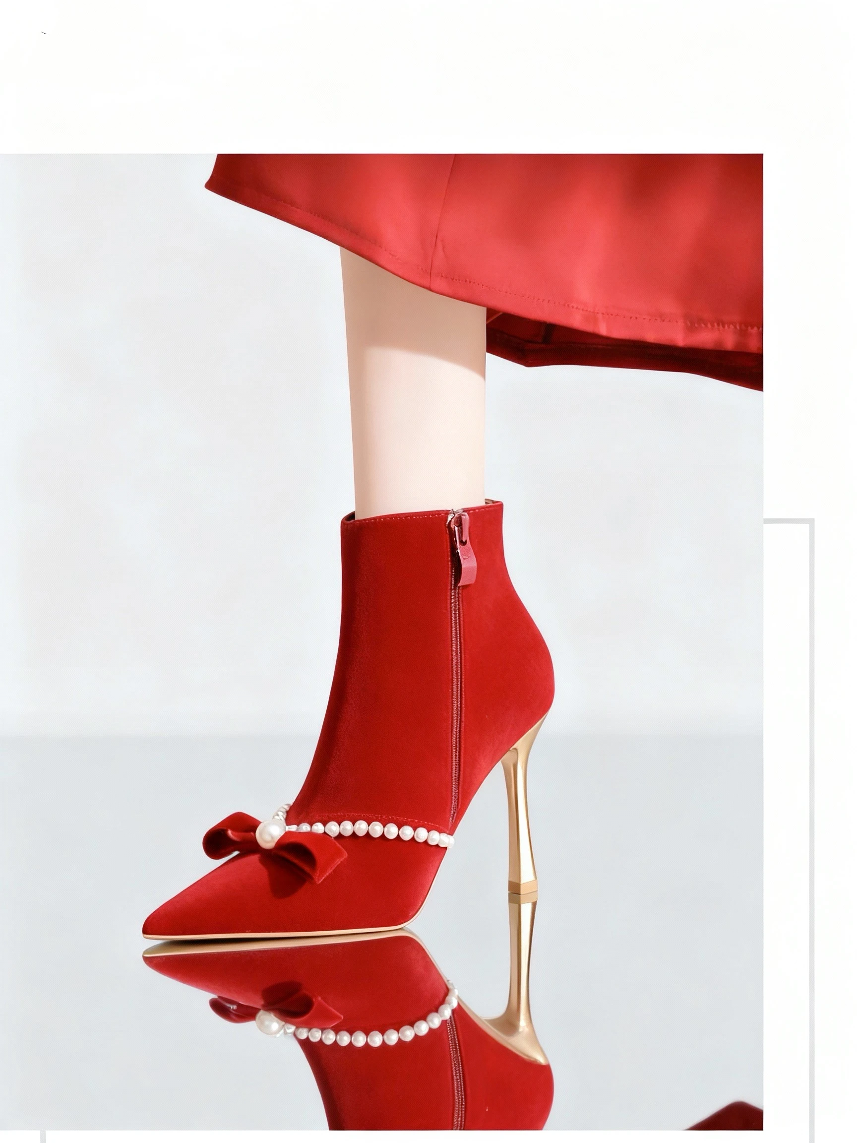 

Bloomstpes Comfortable High-Heeled Ankle Boots for Women, New Style, Pointed Toe, Elegant Stiletto Heel, Red Wedding Shoes, Holi