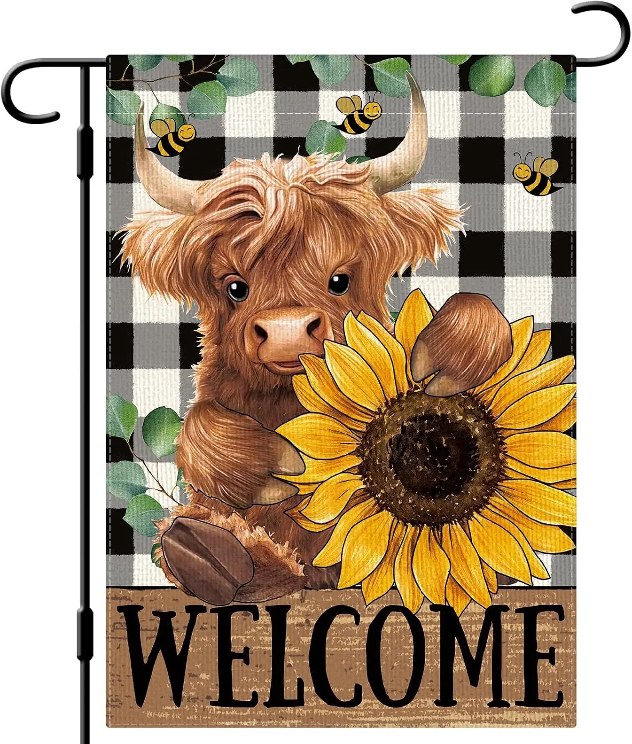 DLZDN Sunflower Highland Cow Bee Garden Flag 12×18 Inch Double Side Vertical Burlap Farmhouse Yard Sign Spring Summer Season MMZ