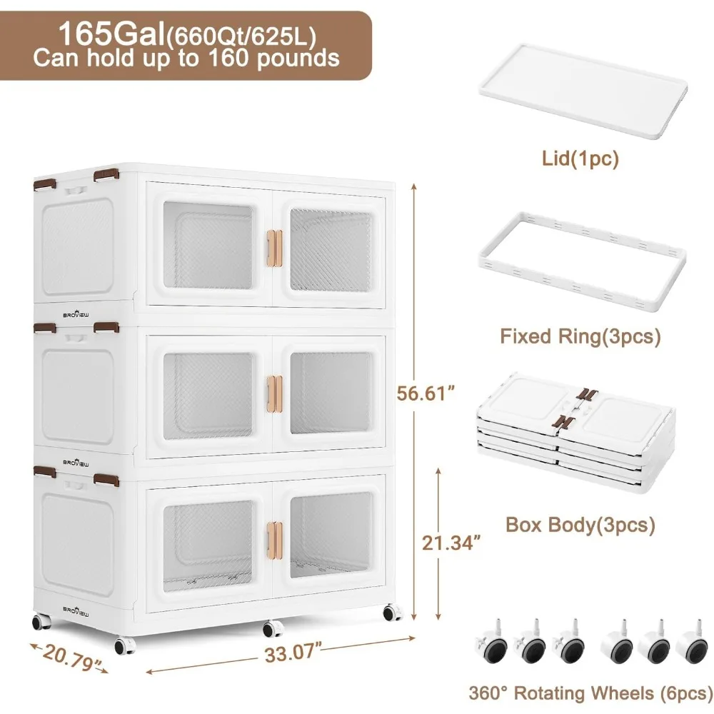 165Gal Extra Large Storage Bins with Lid, 660Qt Plastic Stackable Storage Bins with Wheels, Collapsible Closet Organizer