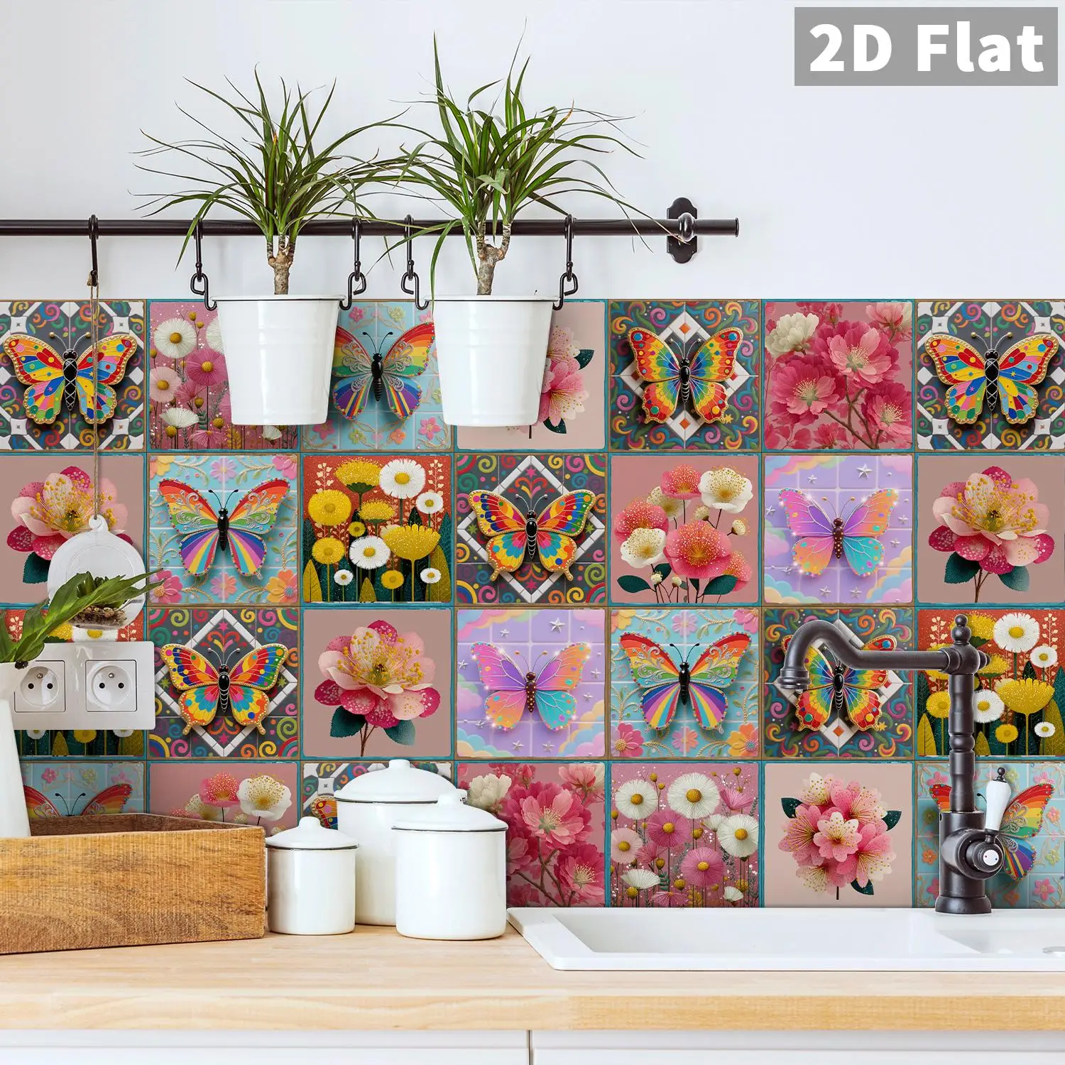 

Butterfly Flower Art Ceramic Tile Stickers Bathroom Kitchen Living Room Background Wall Decorative Stickers