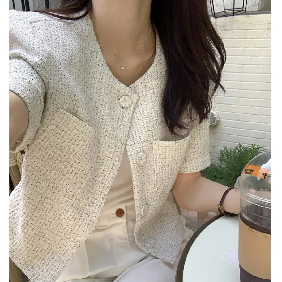 Slimming Plaid Short Sleeve Open Cardigan Women's Fashion Style Versatile Cotton Summer Outerwear Elegant Ladylike Design